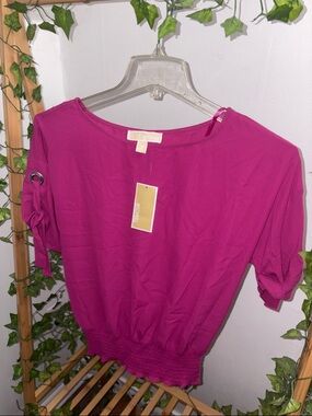 Michael Kors Fuchsia Short Sleeve Boatneck Top with Ring Detail